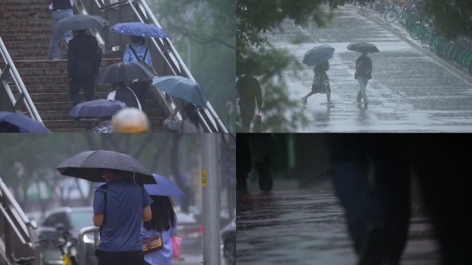 城市下雨行人赶路雨中急忙的脚步城市洪灾涝