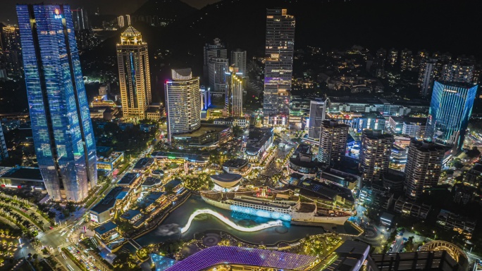 航拍深圳南山海上世界夜景