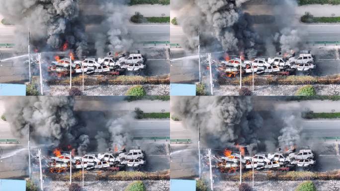 轿运车起火事故现场特写航拍视频
