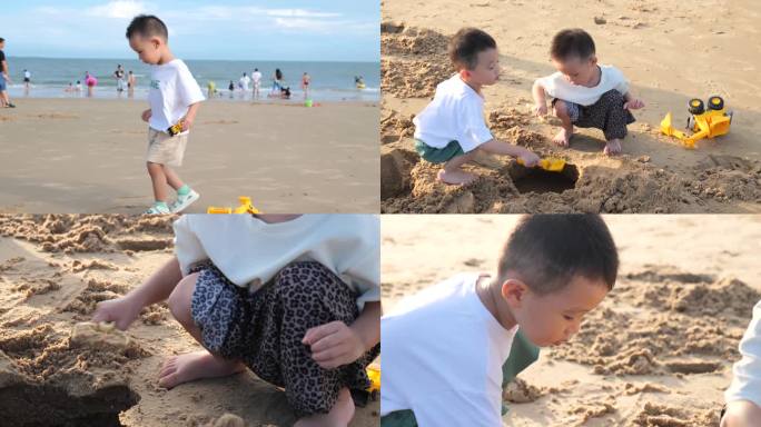小孩在海边沙滩玩沙子