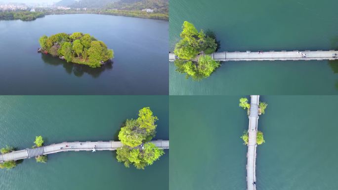 杭州湘湖湖心岛和跨湖石廊桥