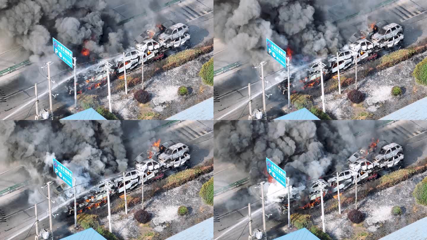 轿运车起火事故现场航拍视频