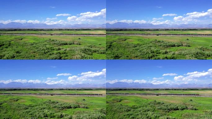 中欧班列  新疆雪山蓝天草原唯美舒适风景