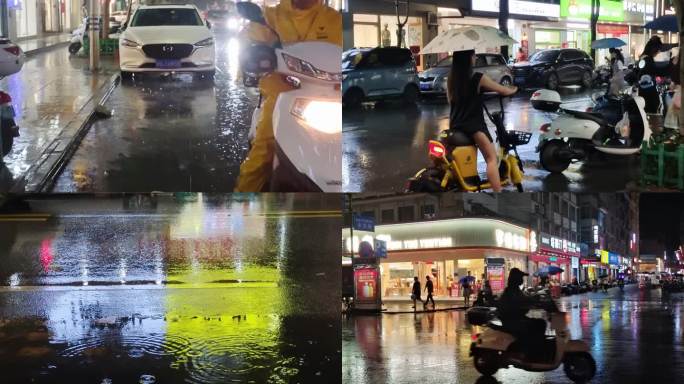城市雨夜街拍汽车开过商业街路面雨夜雨水