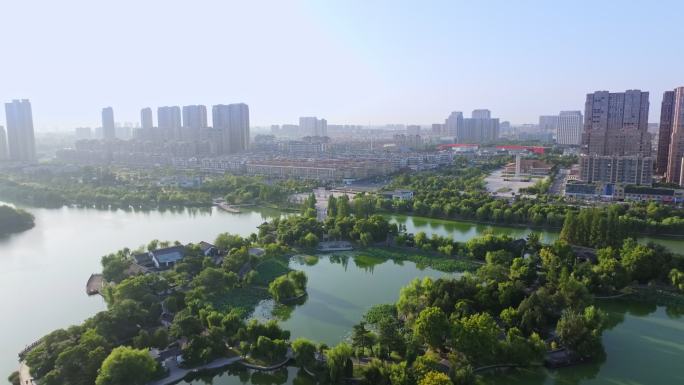 航拍江苏省淮安市涟水县五岛公园城市风光