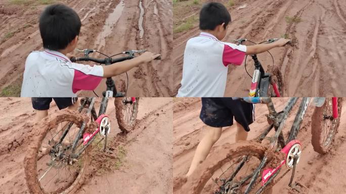 乡间小道光脚丫行走 雨天推自行车泥洼路段