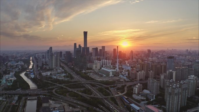 北京CBD地标建筑日落北京航拍