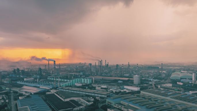 钢铁厂日落黄昏太阳雨航拍延时摄影