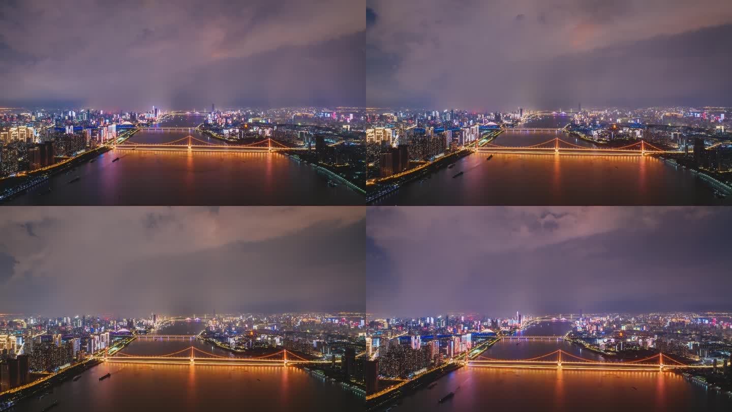 4k航拍武汉鹦鹉洲大桥长江灯光秀降雨