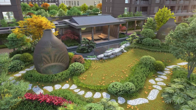 新中式园林中庭景观动画素材