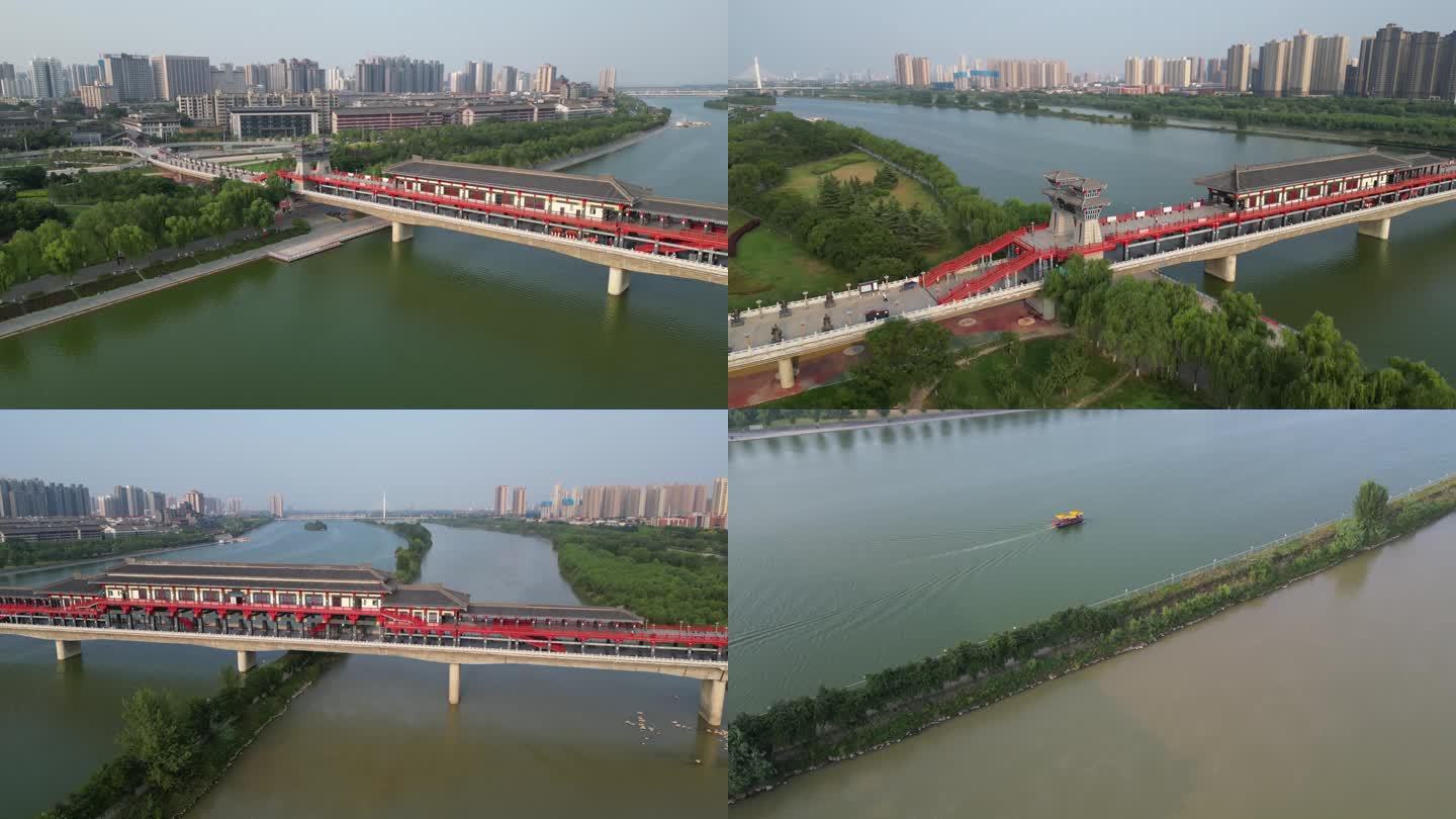 咸阳市咸阳湖古渡廊桥景区游客泛舟航拍4