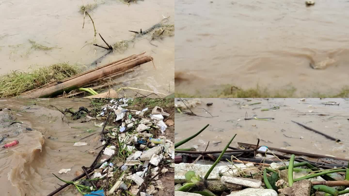 水患水位上升河面垃圾浑浊黄泥江水上涨污染