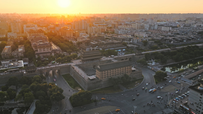 航拍西安东门夕阳夜景