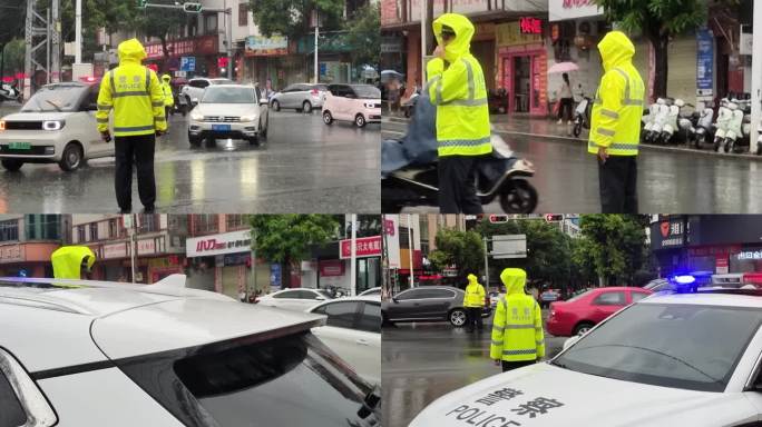 雨中交警执勤交警雨中执法 街道交警