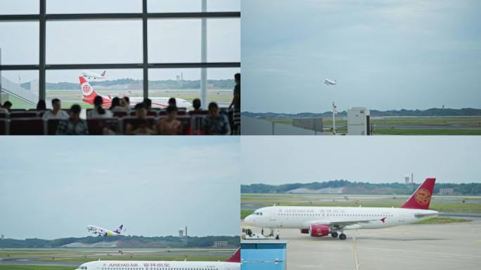 飞机起飞从窗户视角剪影跑道滑行吉祥航空