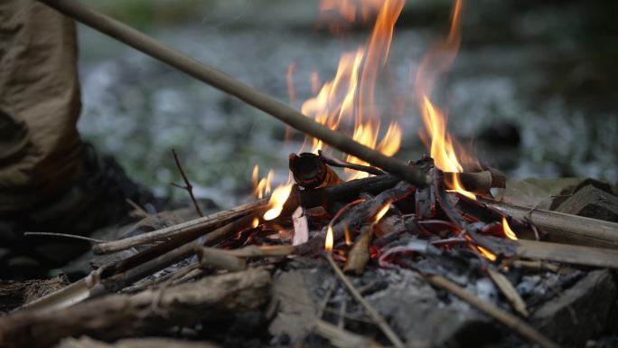 露营、篝火、煮松针