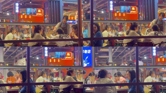 火锅店吃饭聊天的食客横摇