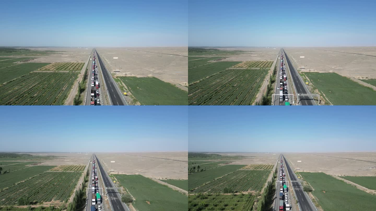 航拍俯瞰戈壁沙漠公路堵车
