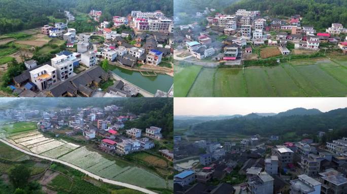 南方大山里新农村，青瓦老屋，水稻田