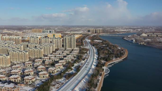 航拍 雪景 大河 大桥 冬季 城市 农村