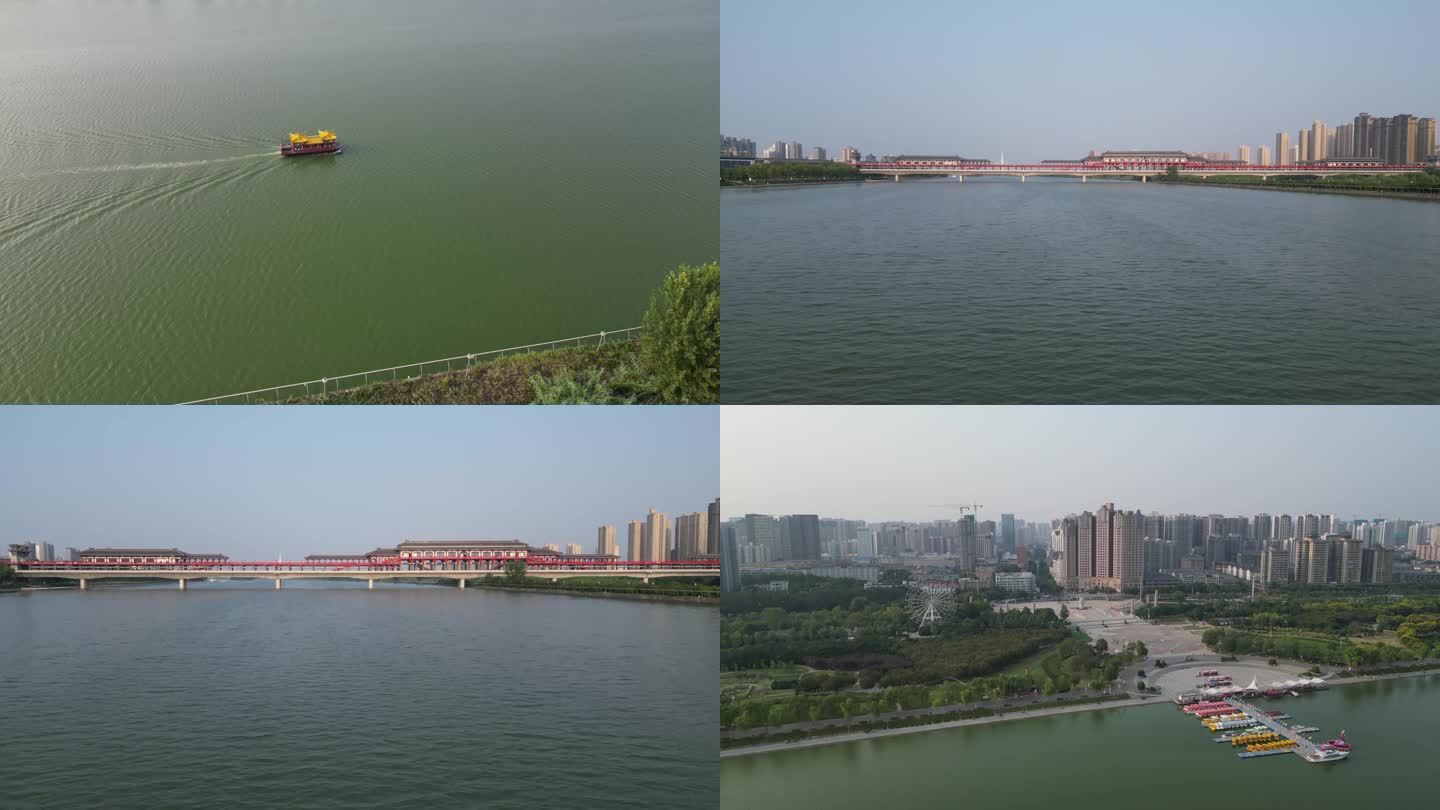 咸阳市咸阳湖古渡廊桥景区游客泛舟航拍2