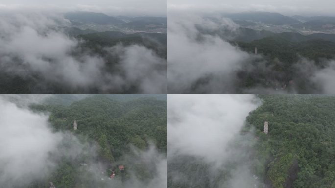 航拍4k山峰宝塔雨后云海