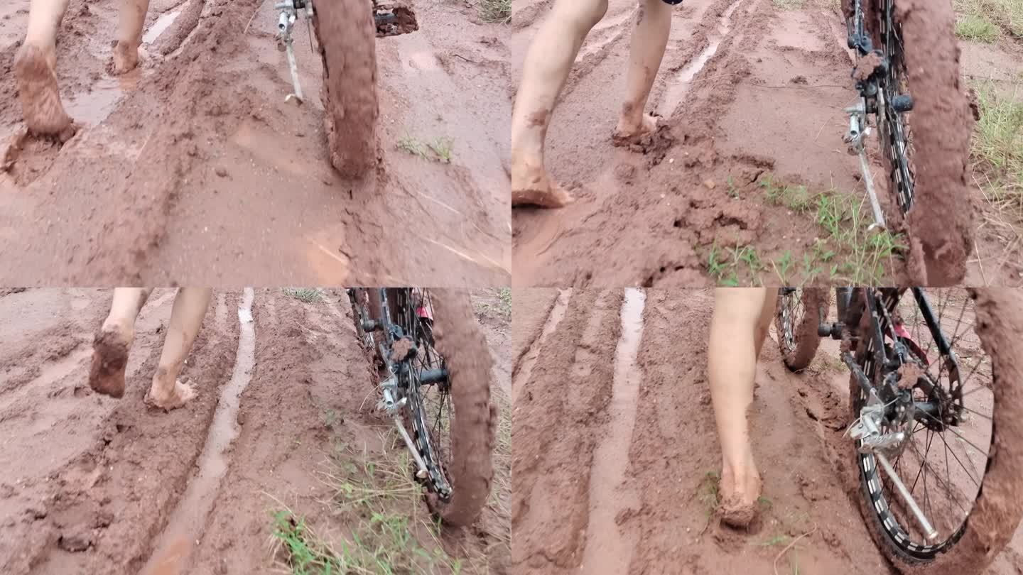 光脚行走推车步行泥浆沾满泥巴的双脚特写