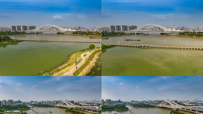航拍苏州宝带桥斜港大桥京杭大运河延时摄影