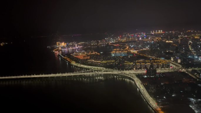 夜间航拍城市夜景跨海厦门