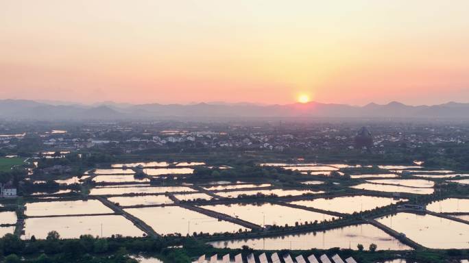夕阳下的江南水乡水产养殖鱼塘