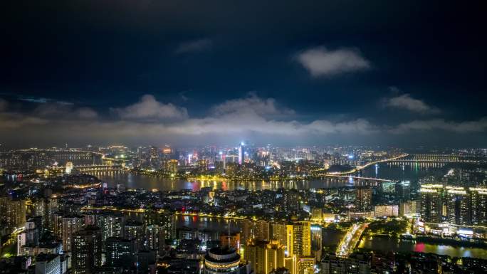 航拍惠州城市夜景片头定向移动延时4k