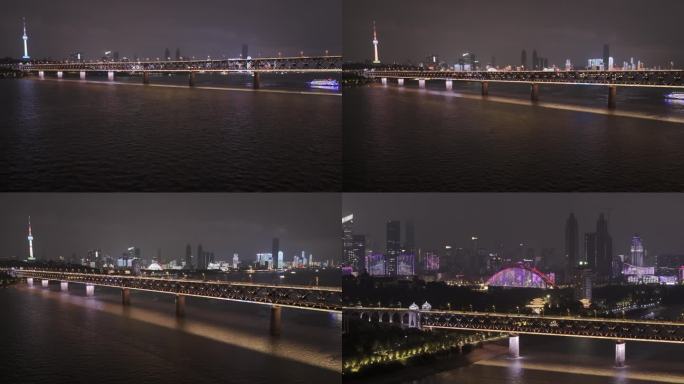 武汉长江大桥水面航拍夜景