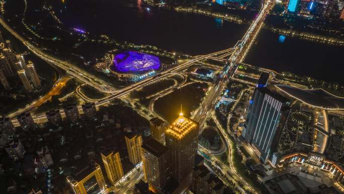 沈阳金廊青年大街浑河两岸夜景航拍车流