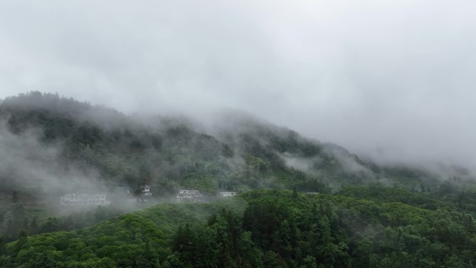 航拍雨后云雾缭绕的山峰