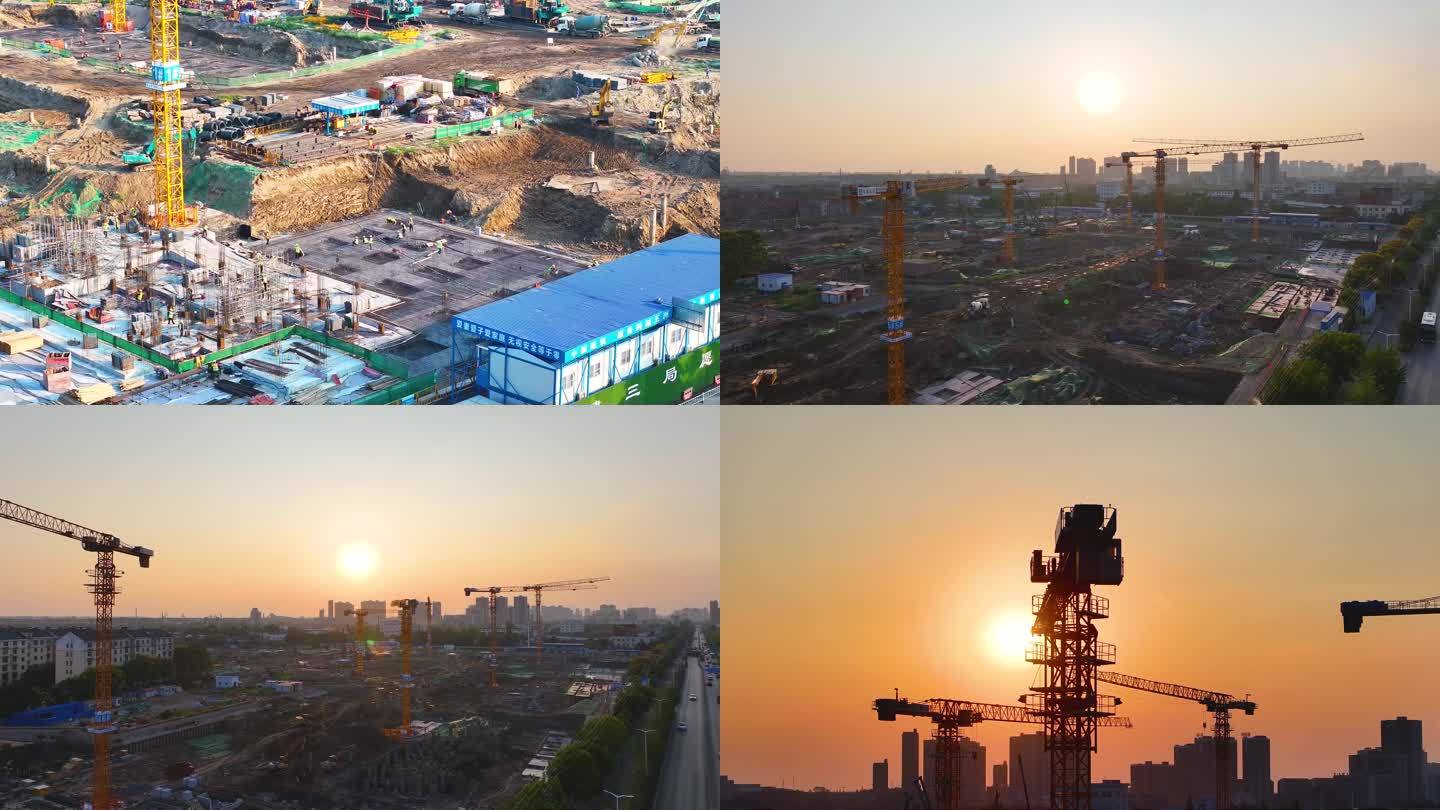 中国建筑工人建筑工地作业夕阳塔吊工地施工