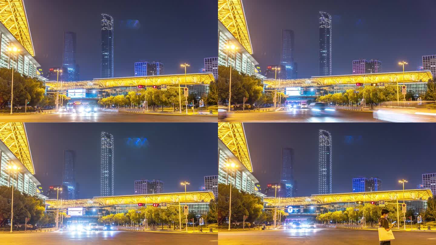 苏州国际博览中心和金融中心车流延时夜景
