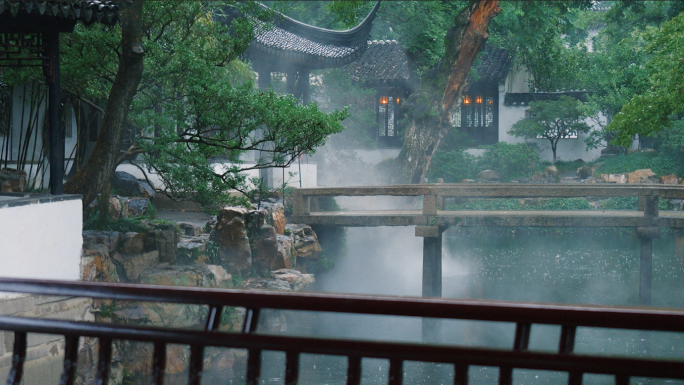 江南园林烟雨烟雾中国风古风中式建筑