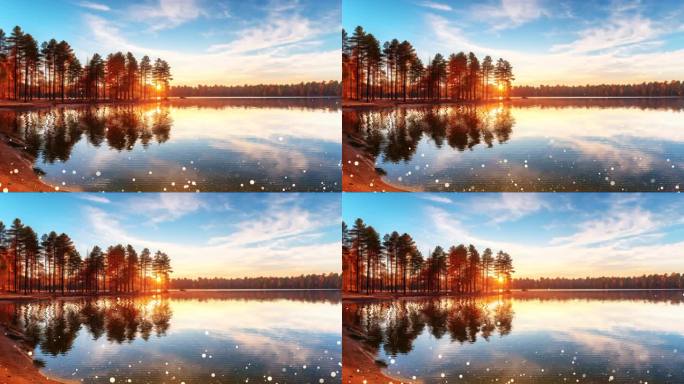 红叶秋季山林 湖面  夕阳