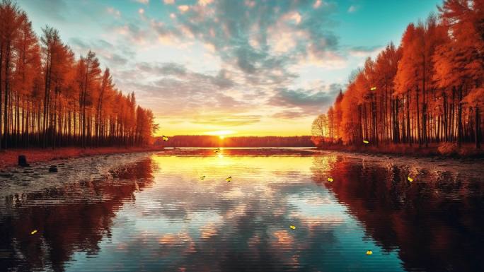 红叶秋季山林 湖面  夕阳