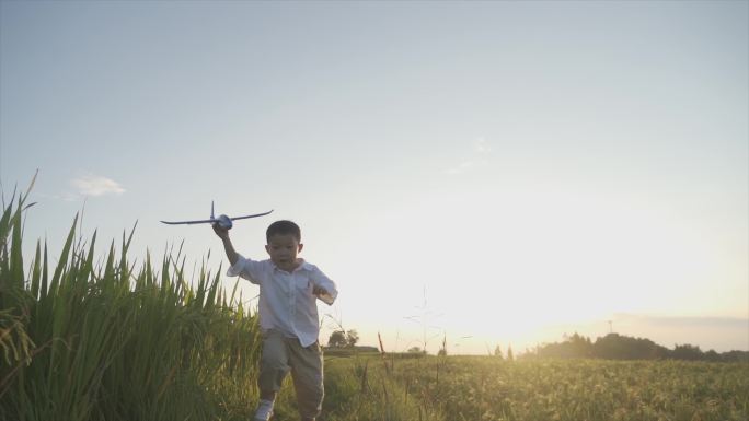 小男孩男装飞机模型田间奔跑欢乐微笑儿童节
