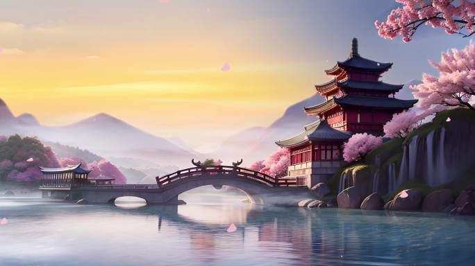 中国风建筑木桥望湖楼