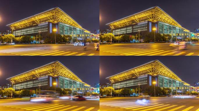 苏州国际博览中心建筑夜景和车流延时摄影