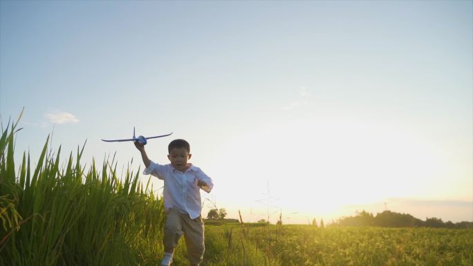 小男孩男装飞机模型田间奔跑欢乐微笑儿童节