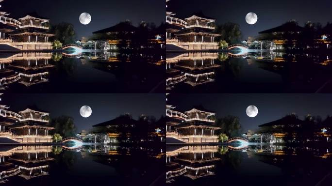 月亮古建筑中秋圆月十五的月亮中国风