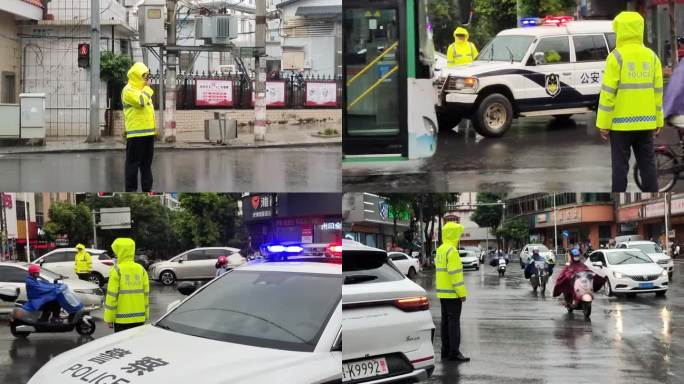 交通执法交警下雨指挥交通车辆雨中交警执勤