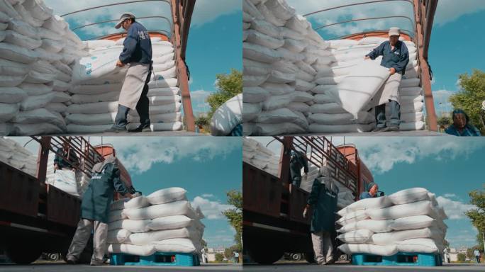物流货运搬运工装卸货物白糖卸车堆码
