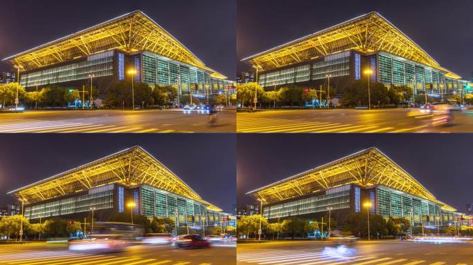 苏州国际博览中心建筑夜景和车流延时摄影