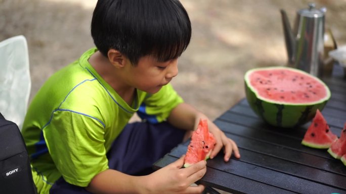 儿童 西瓜 男孩 水果 童年 放松 露营