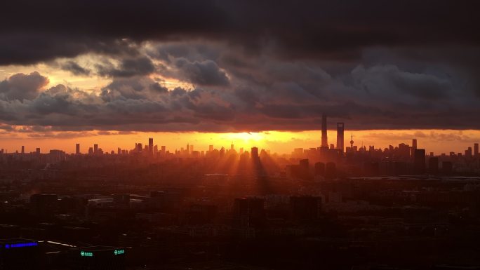 上海城市夕阳落日晚霞陆家嘴航拍