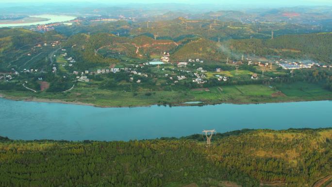 航拍青山绿水村庄河流